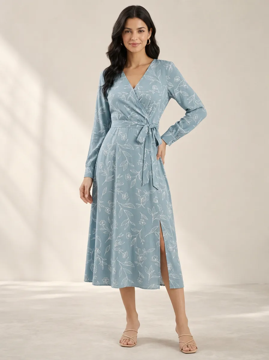 Women's Botanical Floral Nature Inspired Wrap Printed Midi Dress