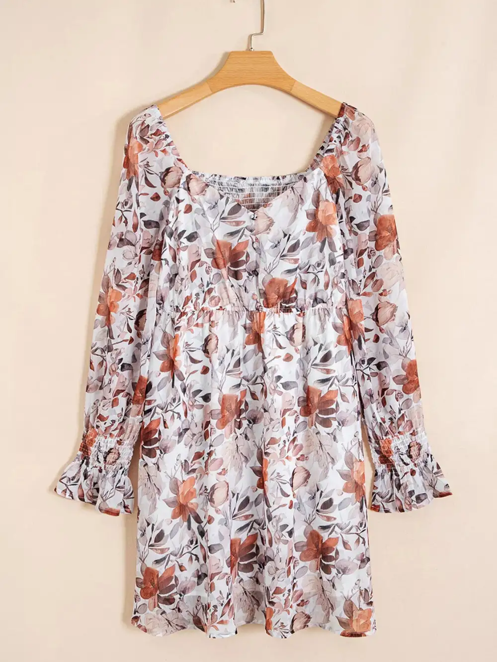Layered Detail Floral Printed Long Sleeve Mini Dress