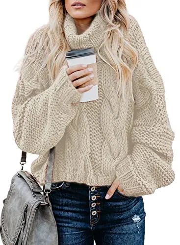 Womens Turtle Cowl Neck Solid Color Soft Comfy Cable Knit Pullover Sweaters S-2XL