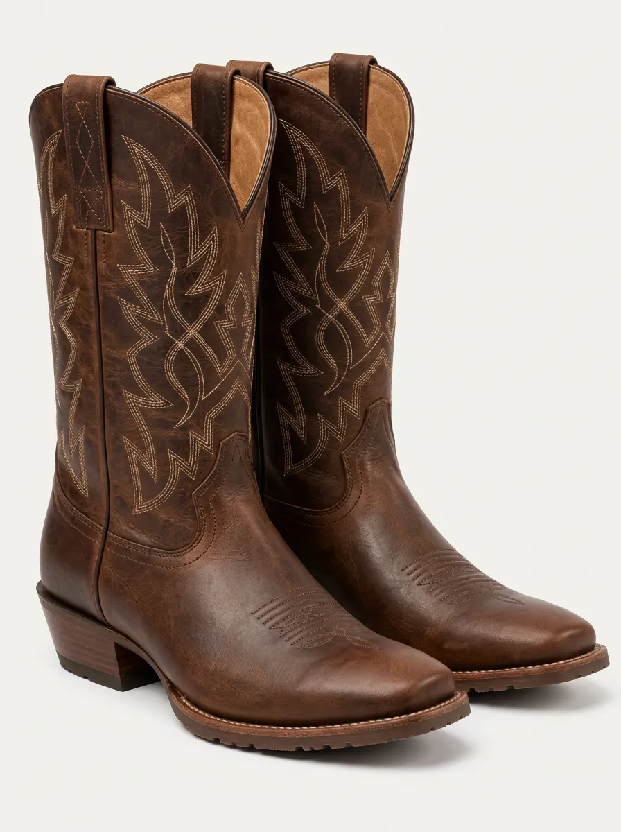 Men's Classic Brown Leather Western Stitch Boots