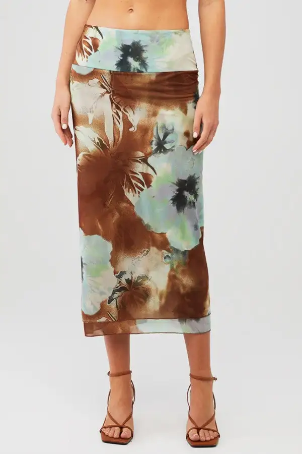 Brown Tie-Dye Floral Midi Slip Skirt