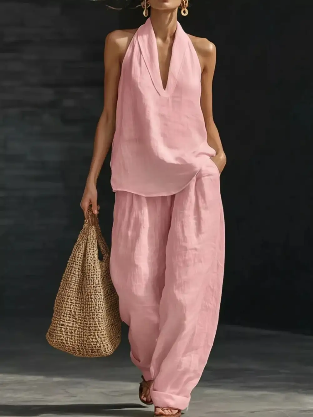 Halter Neck Top and Wide Leg Pants Set