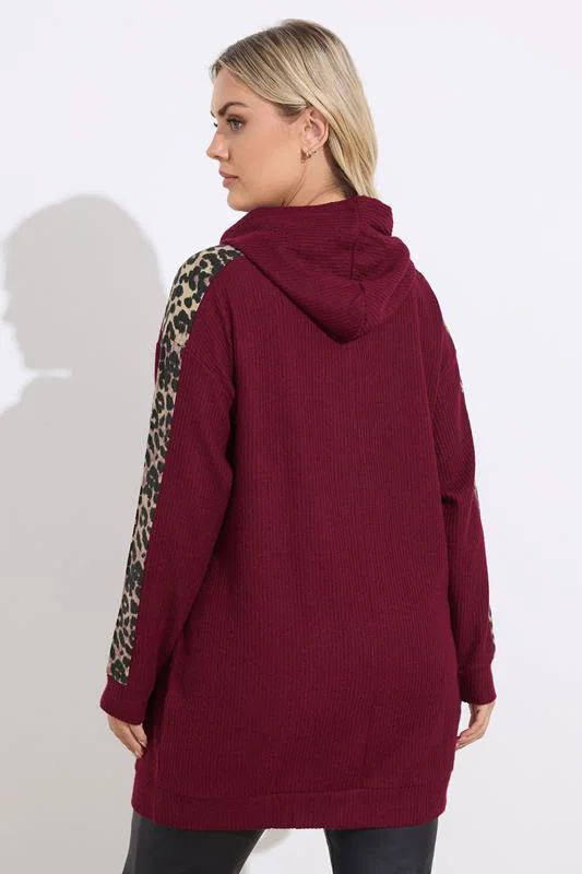 Burgundy Red Leopard Print Trim Hoodie detail 2