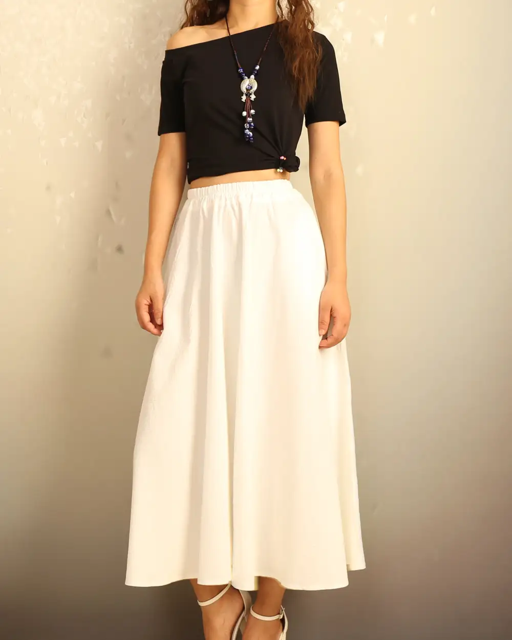 Boho Linen Flared Midi Skirt