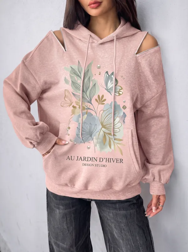 Women's Floral Butterfly Botanical Printed Cold Shoulder Hoodie