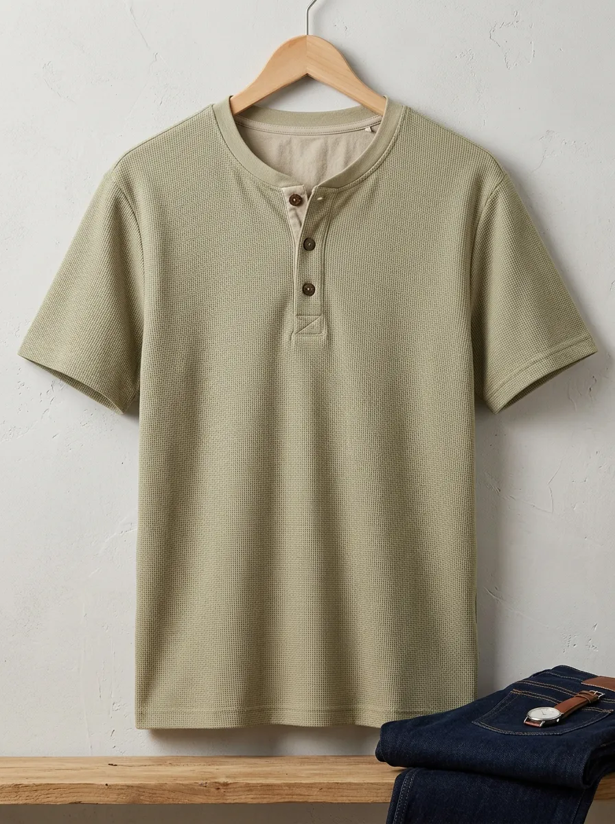 Modern Waffle-Knit Button-Placket Men's Short-Sleeve Henley Shirt