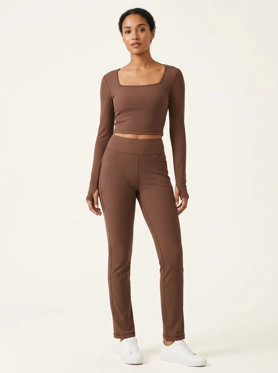 Women's Ribbed Square-Neck Thumbhole Crop Top and Faux-Pocket Trouser Set