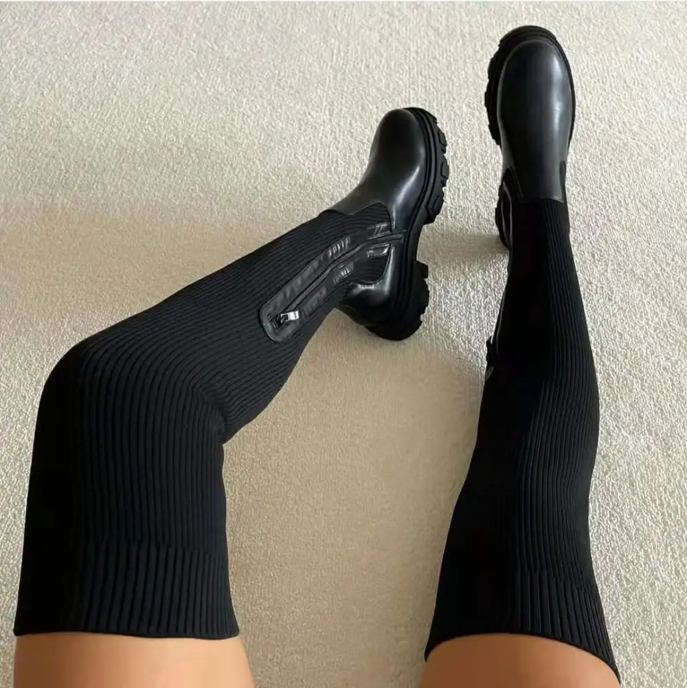 Ribbed Stretch Knee Tall Boots Heeled Sock Boots Outfits