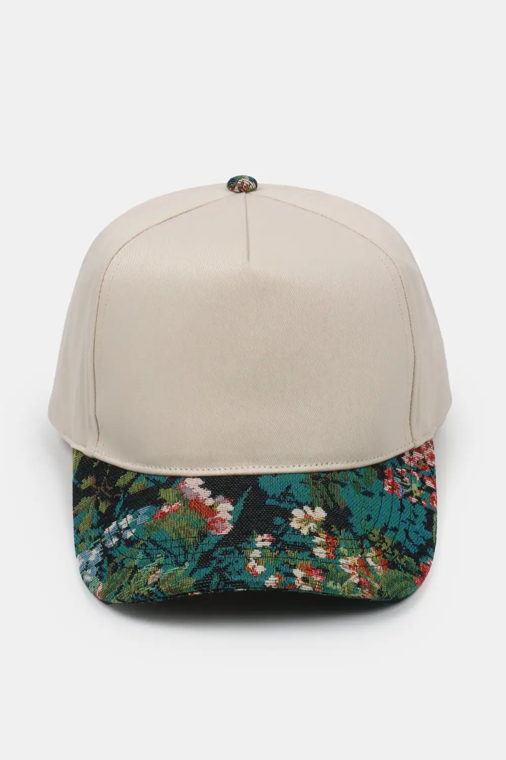 Floral Print Two Tone Five Panel Brocade Detail Panel Baseball Cap