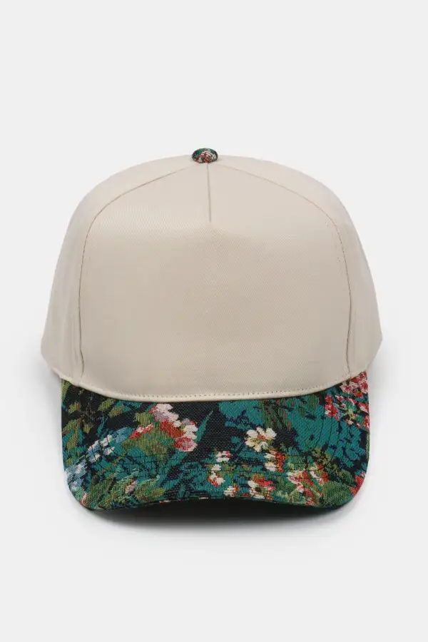 Floral Print Two Tone Five Panel Brocade Detail Panel Baseball Cap