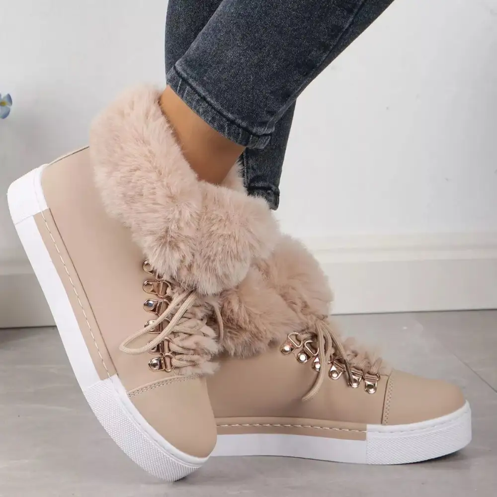 Refined Fuzzy Trim Lace-Up Ankle Boots