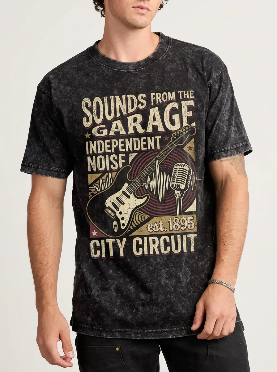 Men's Rock Band Garage Guitar Microphone Printed T-shirt