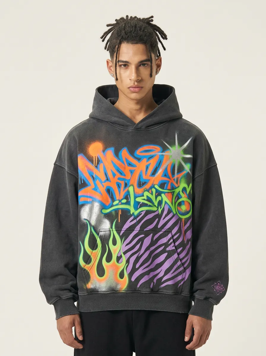 Unisex Streetwear Graffiti Flame Zebra Art Print Hoodie