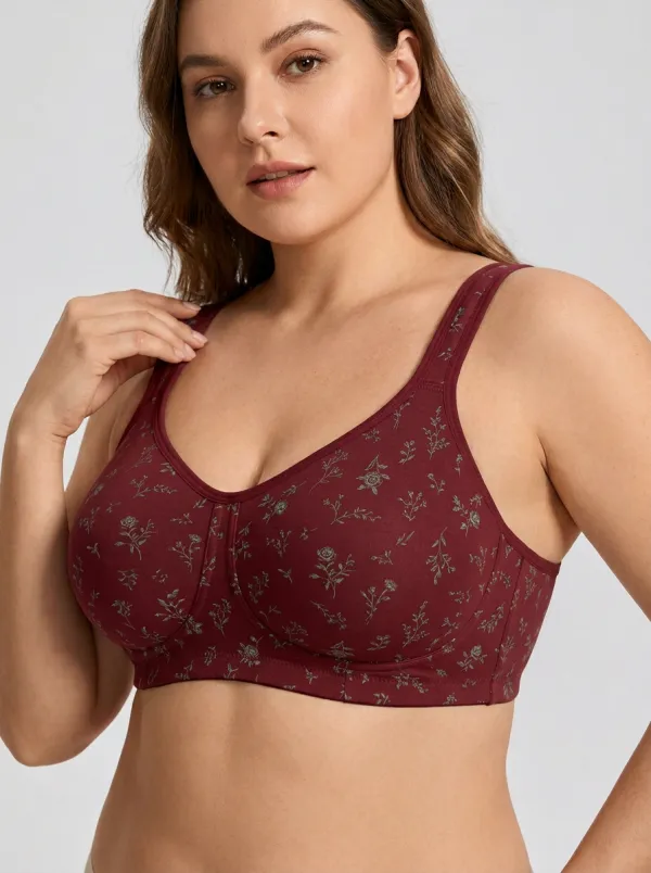 Women's Plus Size Off-White Botanical Floral Full-Coverage Scoop-Neck Wireless Bra