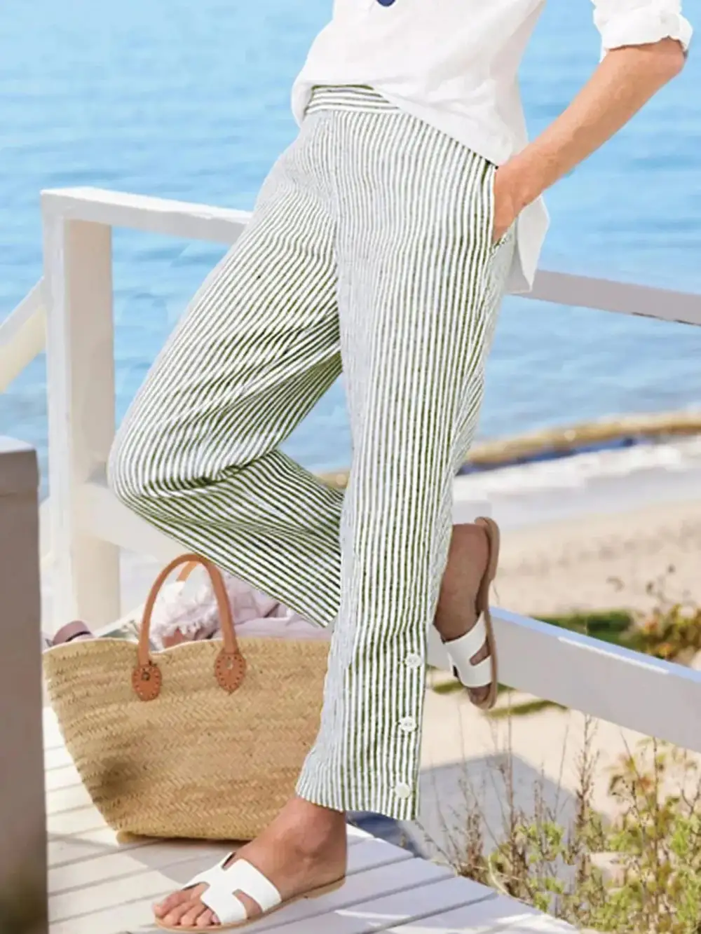 Striped Button Detail Pocketed Casual Pants