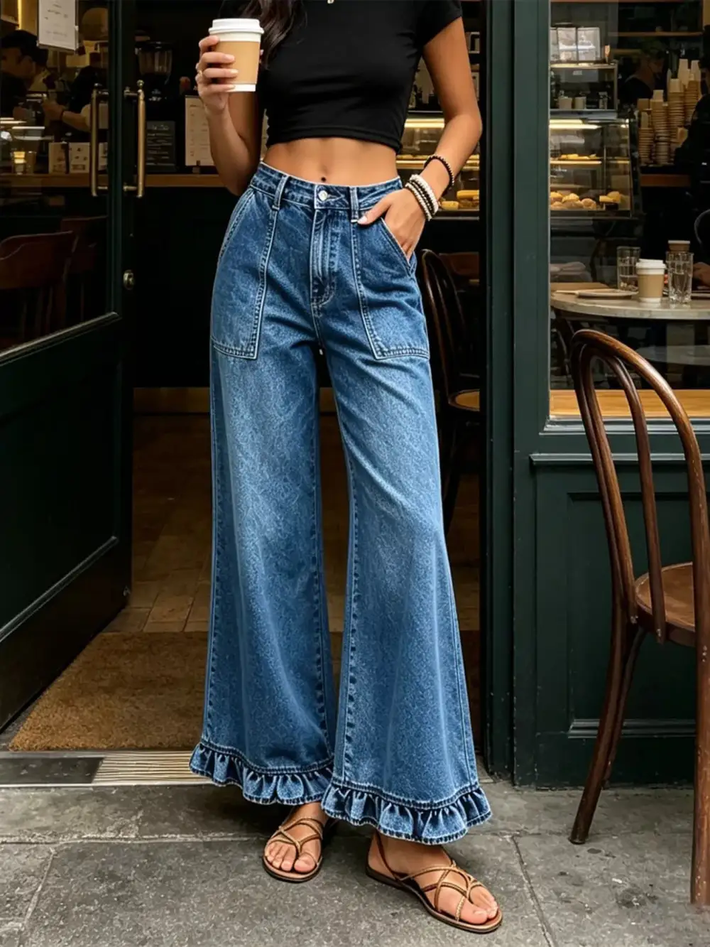 Women' High-Waisted Wide-Leg Ruffle Hem Jeans