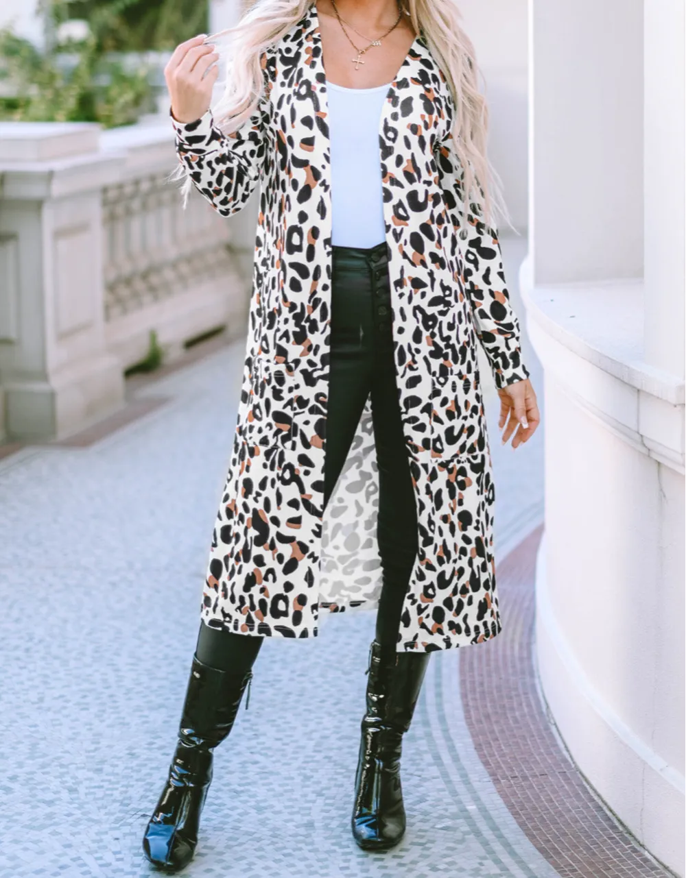 Leopard Pocketed Open Front Duster Cardigan