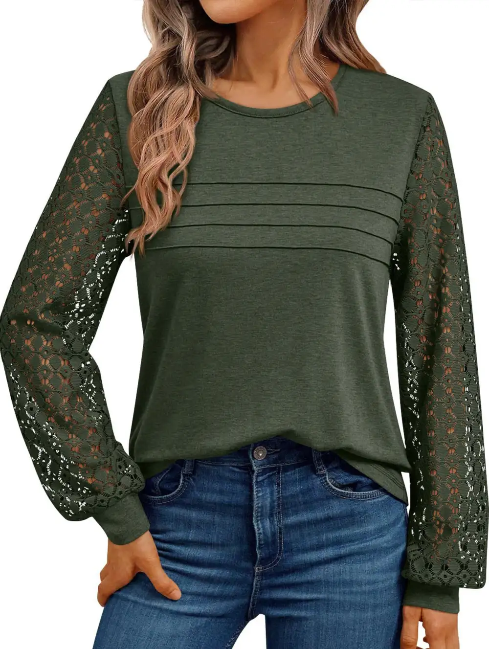 Crew Neck Openwork Patch Top