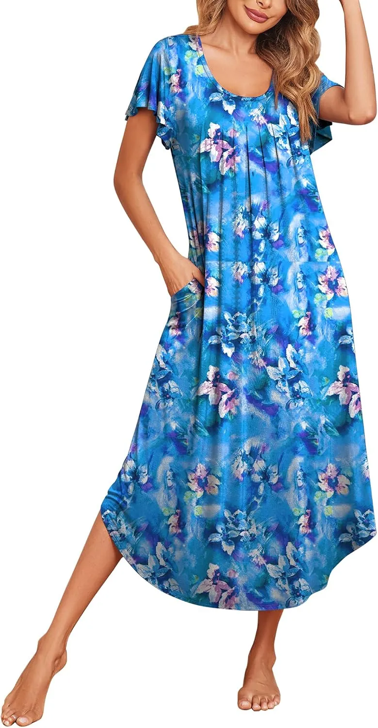 Ekouaer Long Nightgowns for Women with Pockets Short Sleeves House Dresses