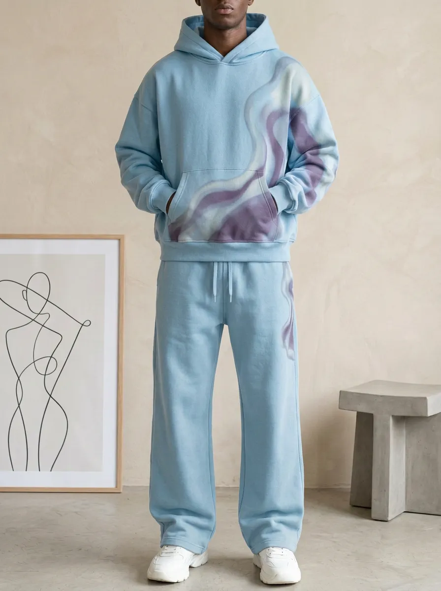 Men's Streetwear Abstract Smoke Printed Hoodie Sweatpants Set
