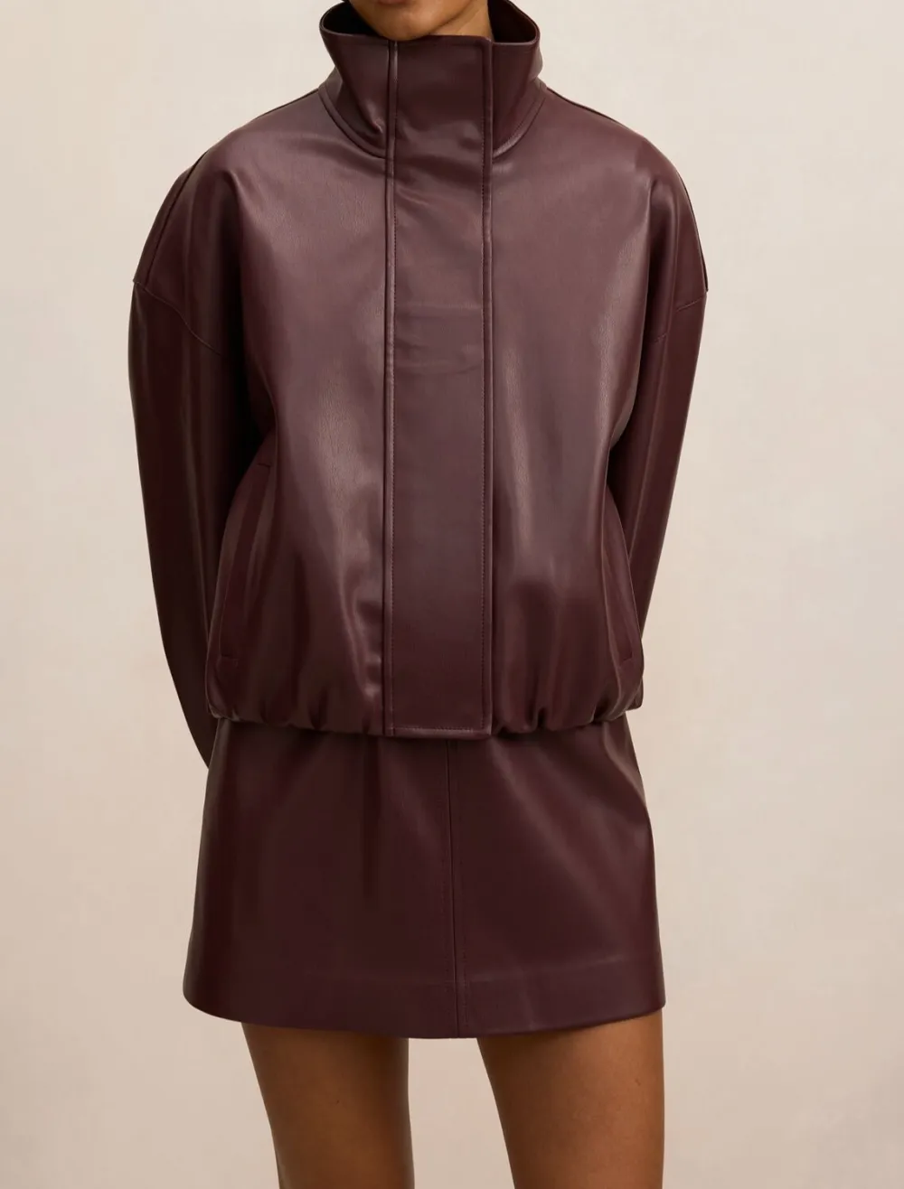Burgundy Petite Funnel Neck Short Faux Leather Coat