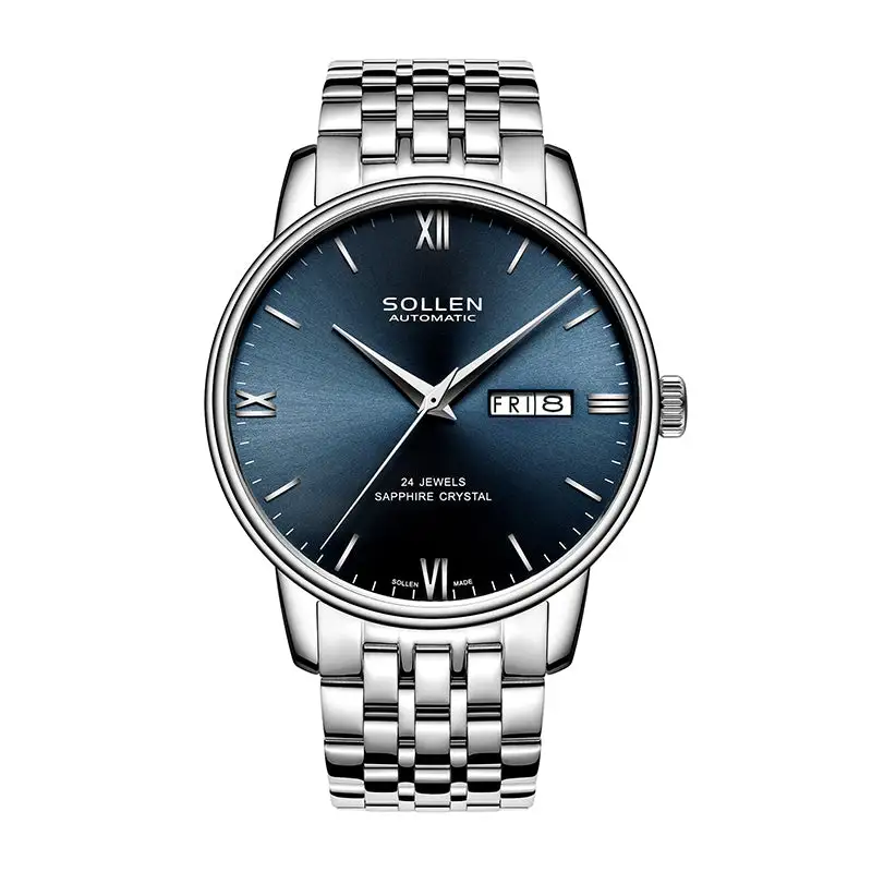 Sollen 9020 Automatic Watch - Men's Dual Calendar Sunray Dial Executive Stainless Steel Bracelet or Genuine Leather Strap Wristwatch