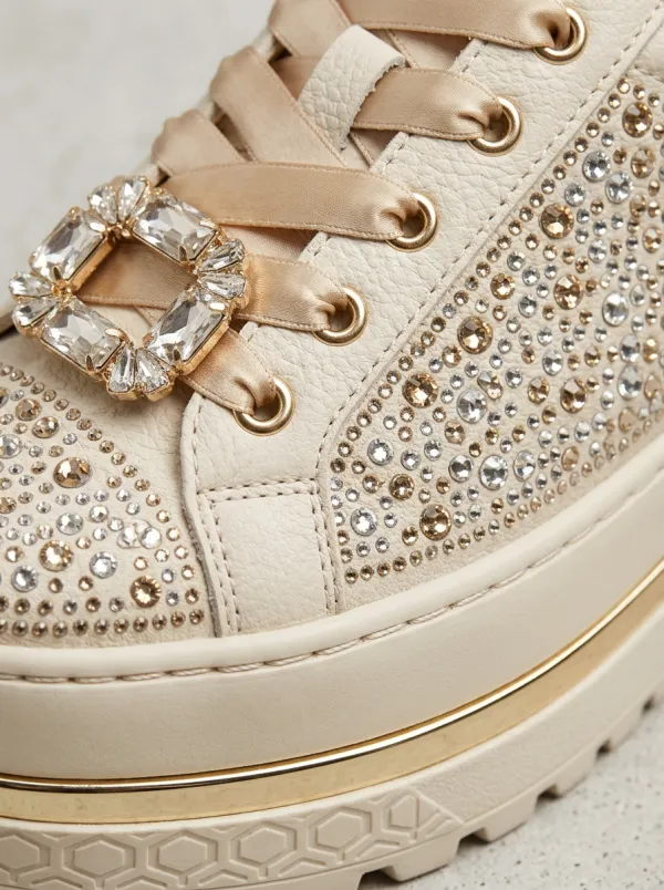 Lace-Detail Buckle-Strap Lace-Up Low-Top Women's Rhinestone Platform Shoes