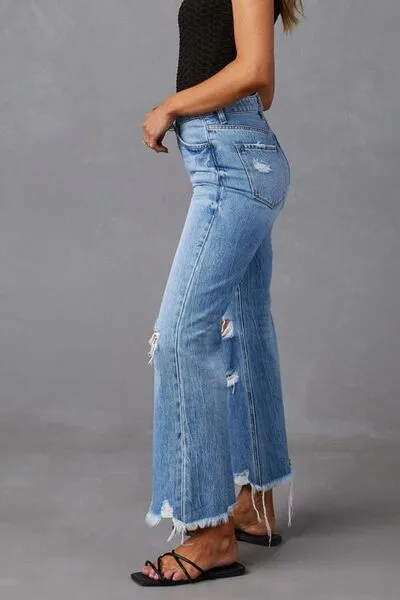 Distressed Raw-Hem Denim Jeans