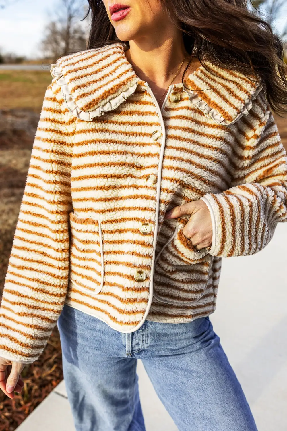 Women's Striped Fleece Button Front Long Sleeve Regular Fit Jacket