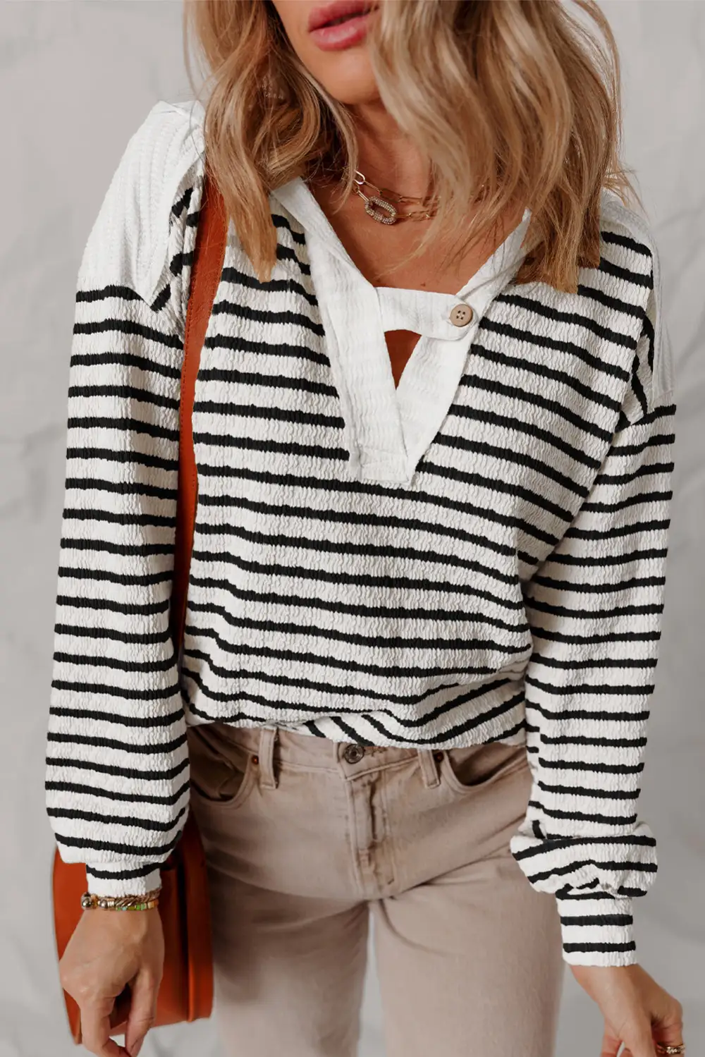 Women's Striped Textured V Neck Top