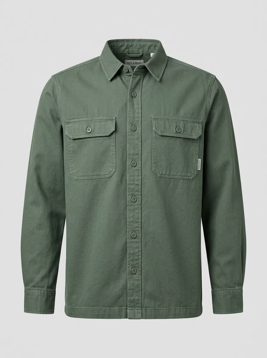 Men's Casual Olive Green Solid Color Button Down Long Sleeve Shirt