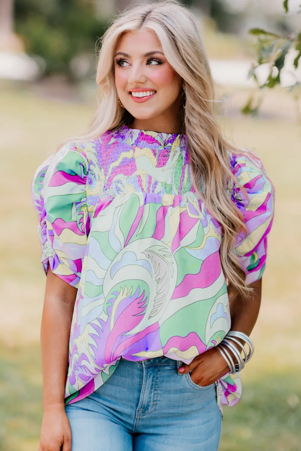 Green Abstract Print Bubble Sleeve Blouse