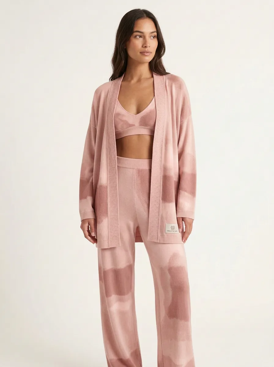 Tie Dye Ribbed Open Front Cardigan Lounge Set