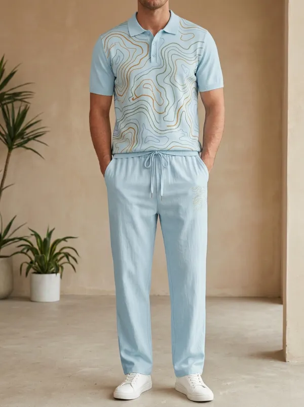 Men's Abstract Topographic Line Printed Casual Set