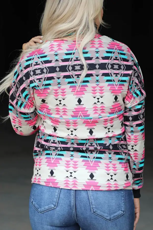 Western Aztec Pattern Zipped Turn Down Collar Sweatshirt