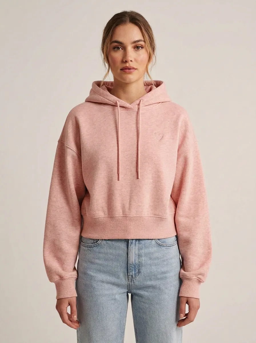 Women's Minimalist Heart Embroidered Beige Printed Hoodie