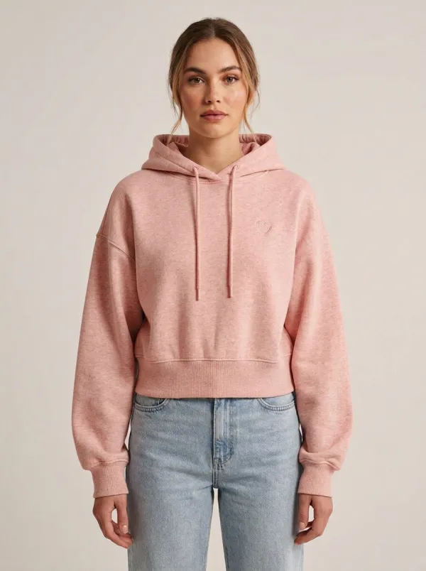 Women's Minimalist Heart Embroidered Beige Printed Hoodie