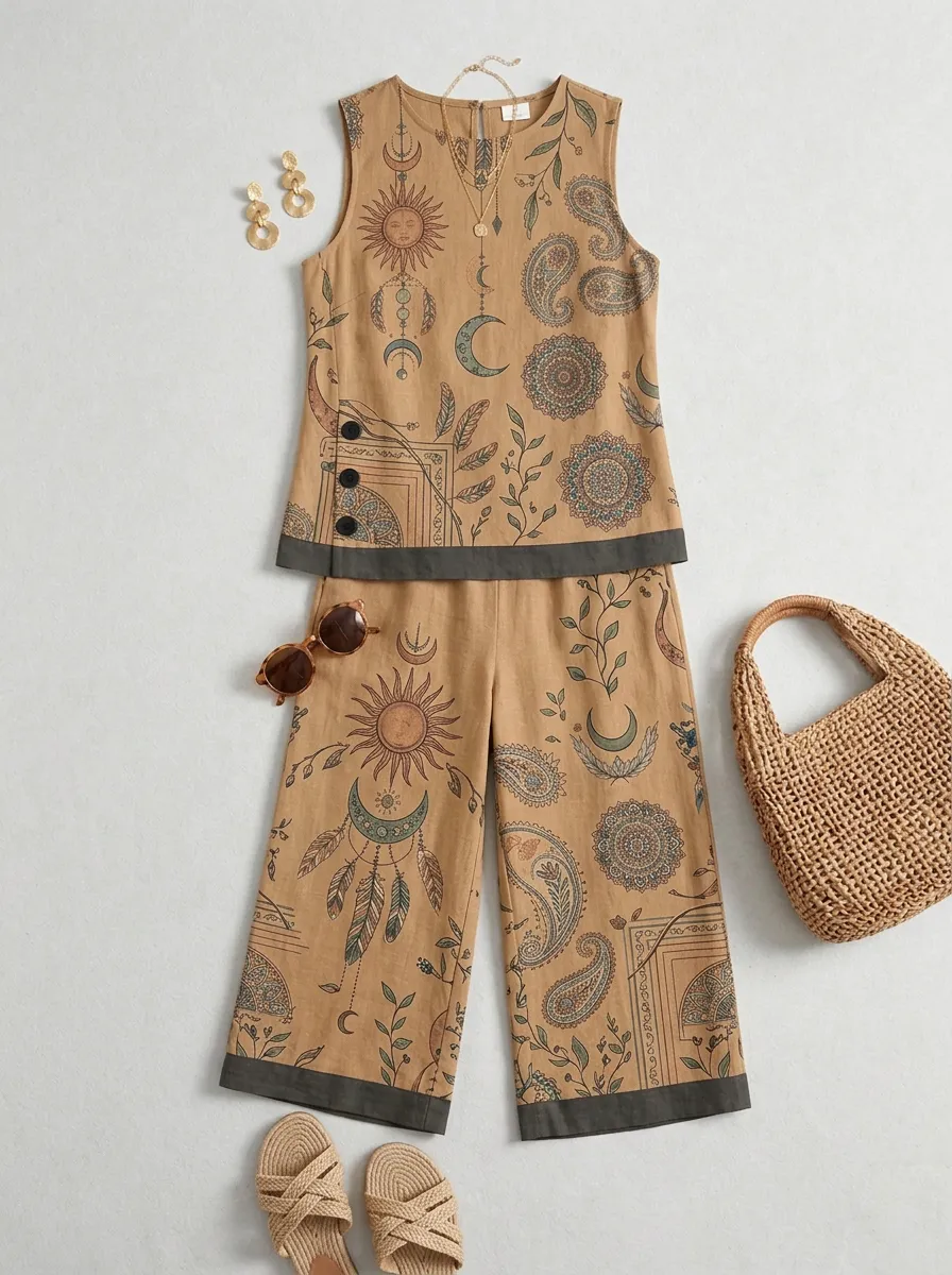 Women's Boho Celestial Sun Moon Paisley Printed Sleeveless Set