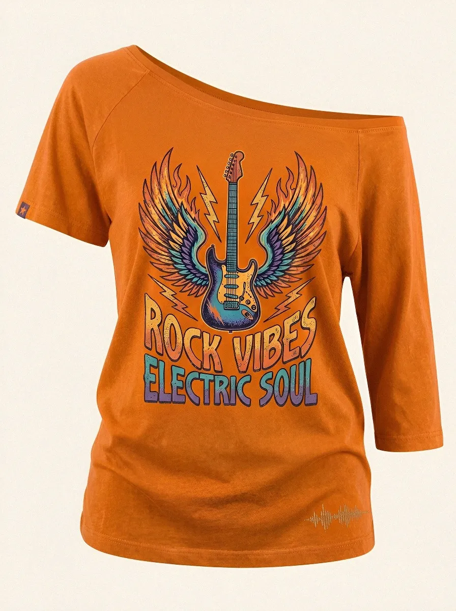 Women's Rock Music Lover Winged Guitar Printed Top