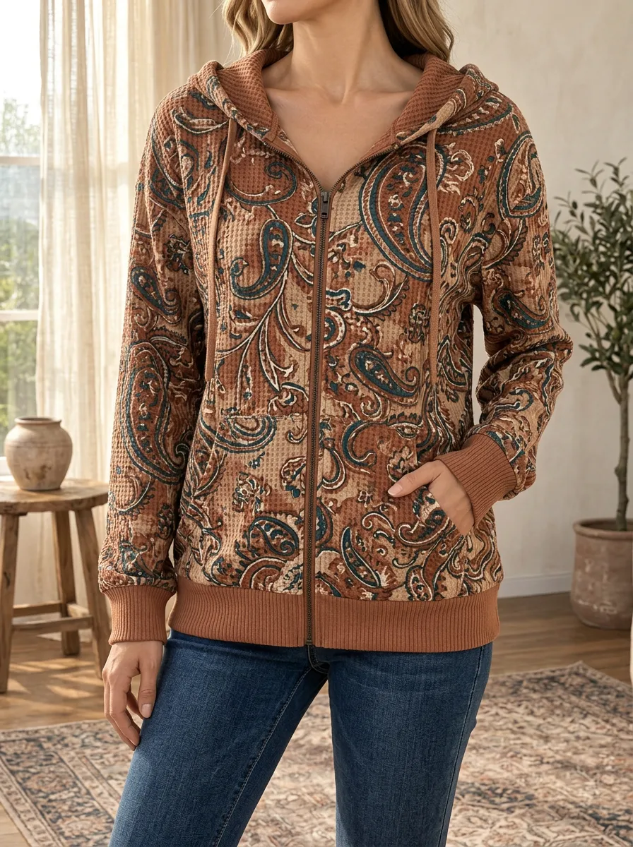 Women's Boho Paisley Signature Pattern Waffle Zip-Up Hoodie