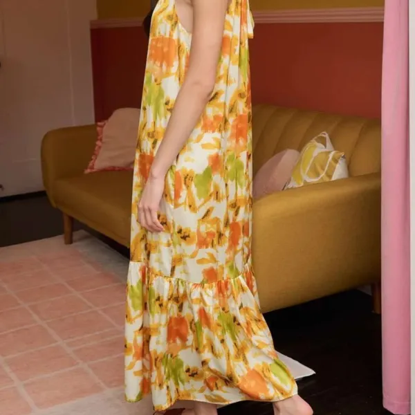 Watercolor Print Halter Neck Satin Maxi Dress