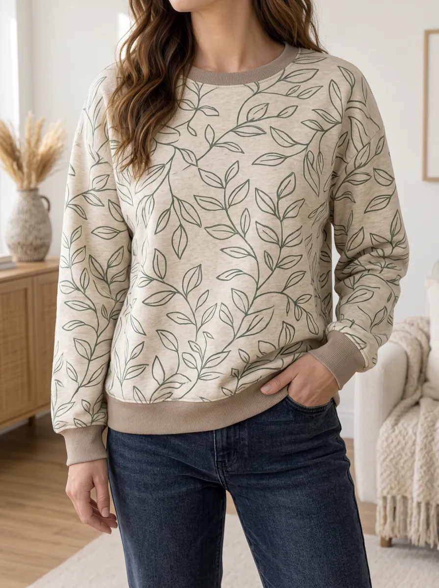 Women's Leaf Print Crewneck Sweatshirt Ribbed Trim
