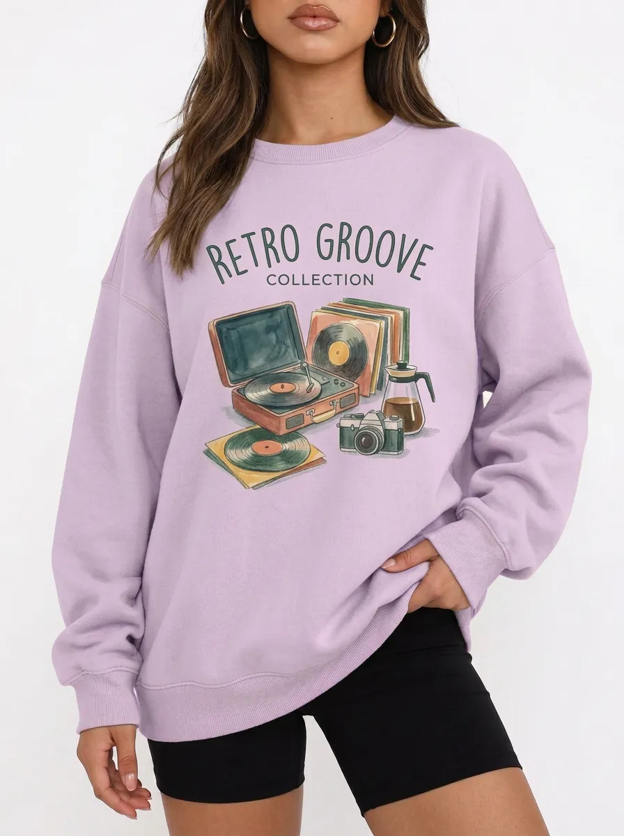 Women's Retro Music Vinyl Camera Graphic Sweatshirt