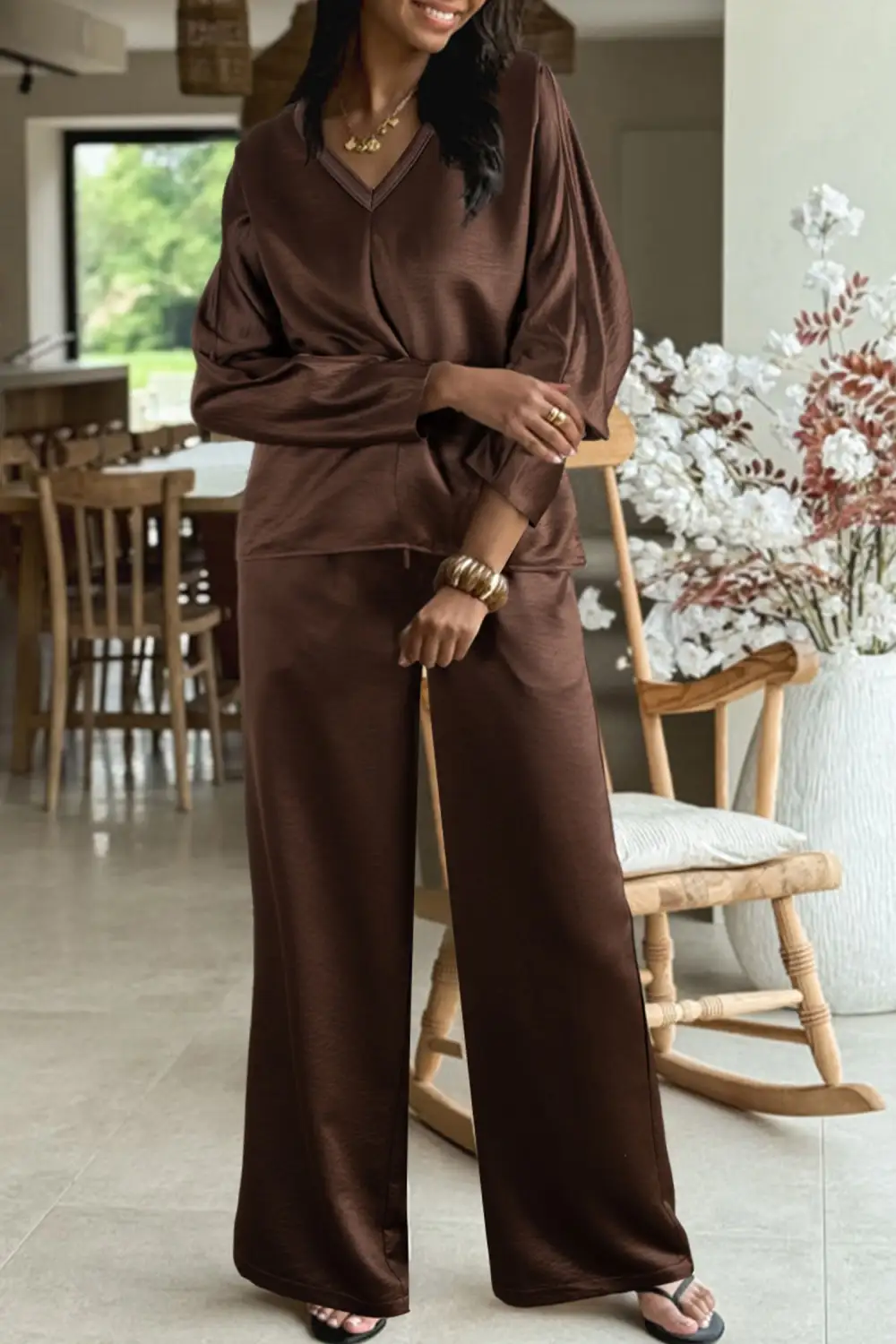 Women's Braided V Neck Long Sleeve Loose Top and Drawstring High Waist Pants Two Piece Outfit