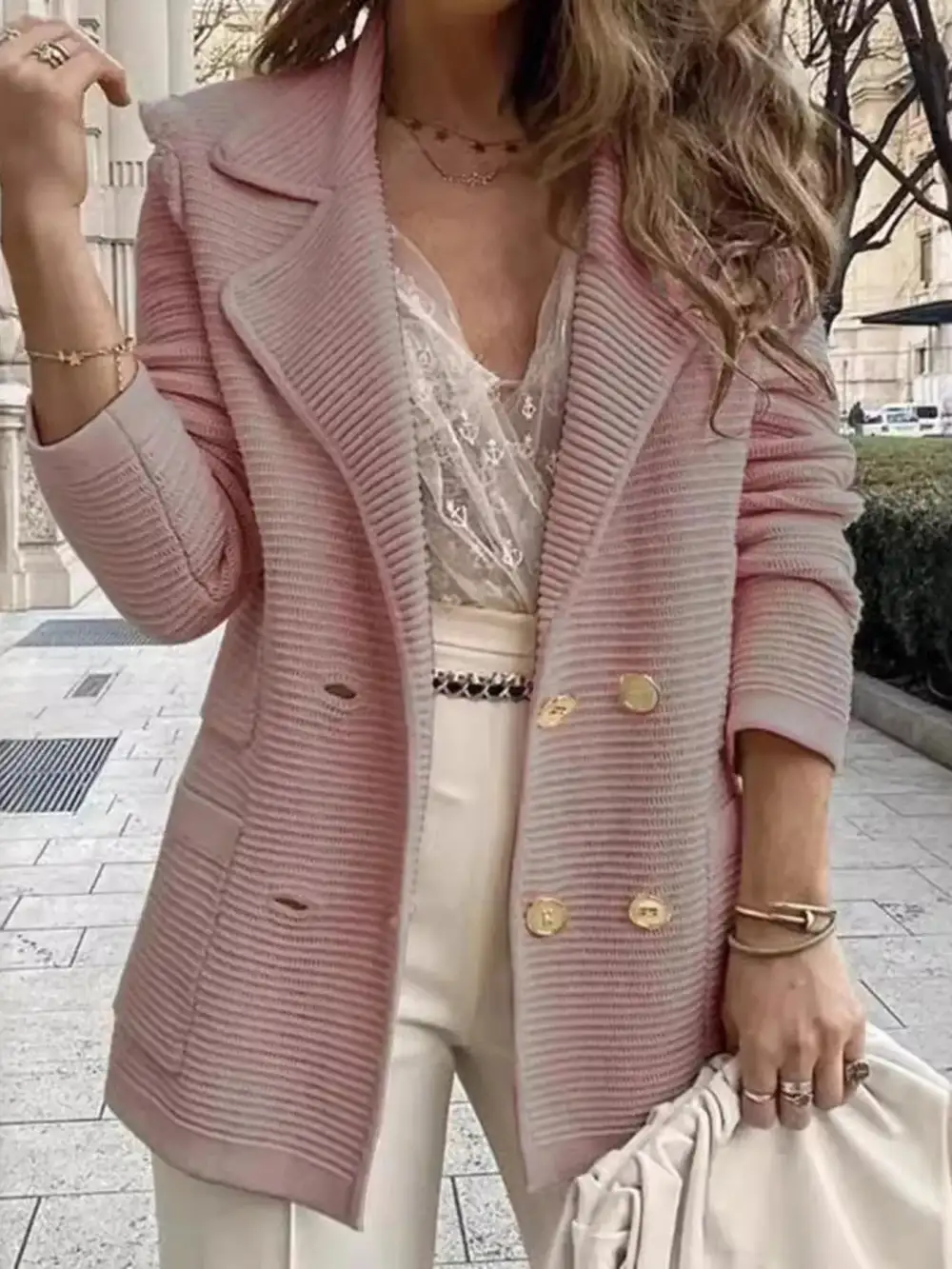 Double-Breasted Textured-Knit Blazer