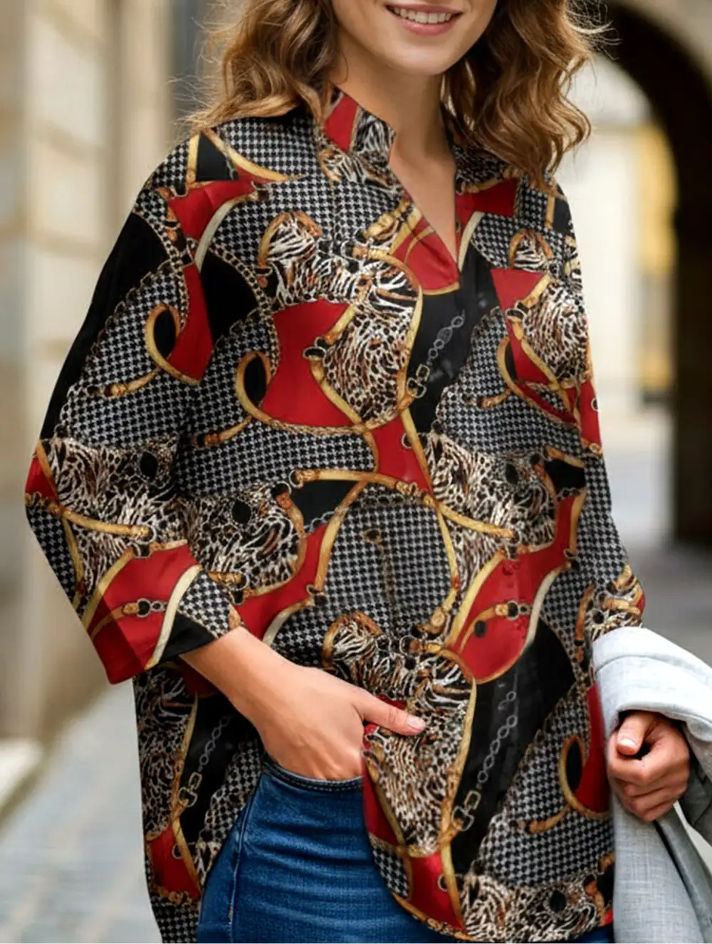 Printed Lapel Long-Sleeved Tunic Top