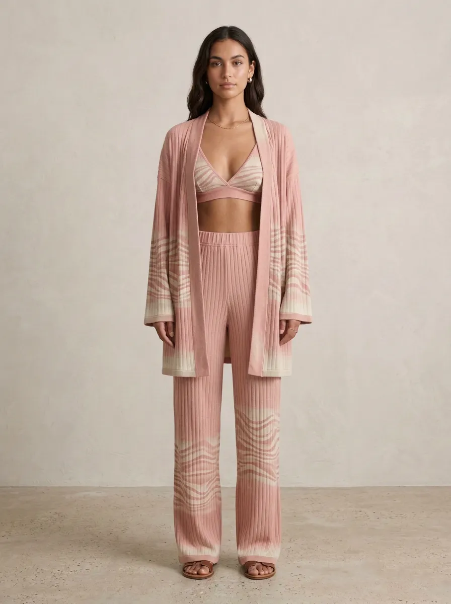 Wavy Wide Leg Cardigan Lounge Set