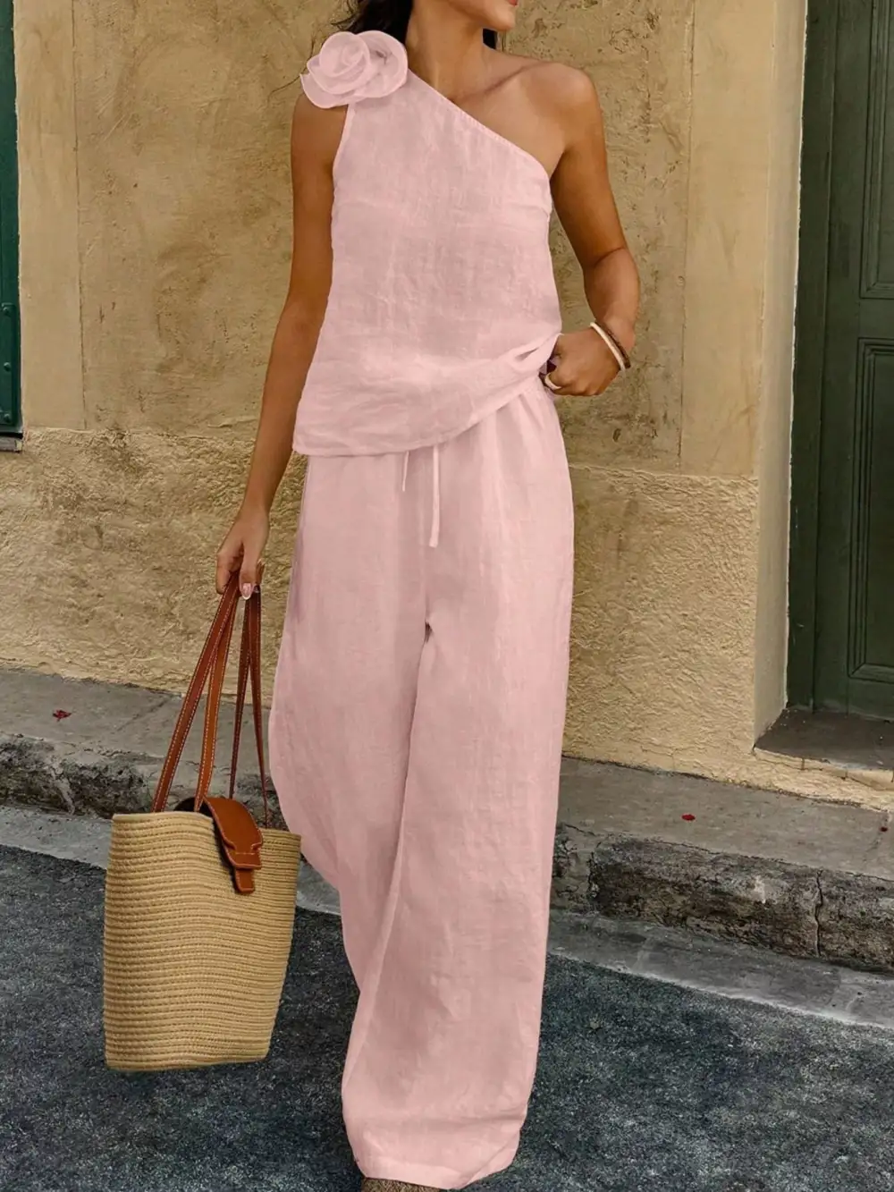 One Shoulder Floral Embellished Top and Pants Set