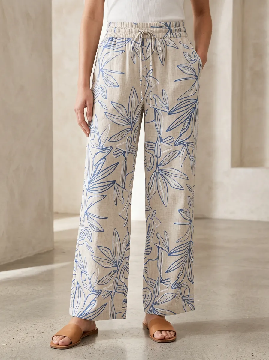 Women's Artful Style Botanical Line Art Linen Printed Pants