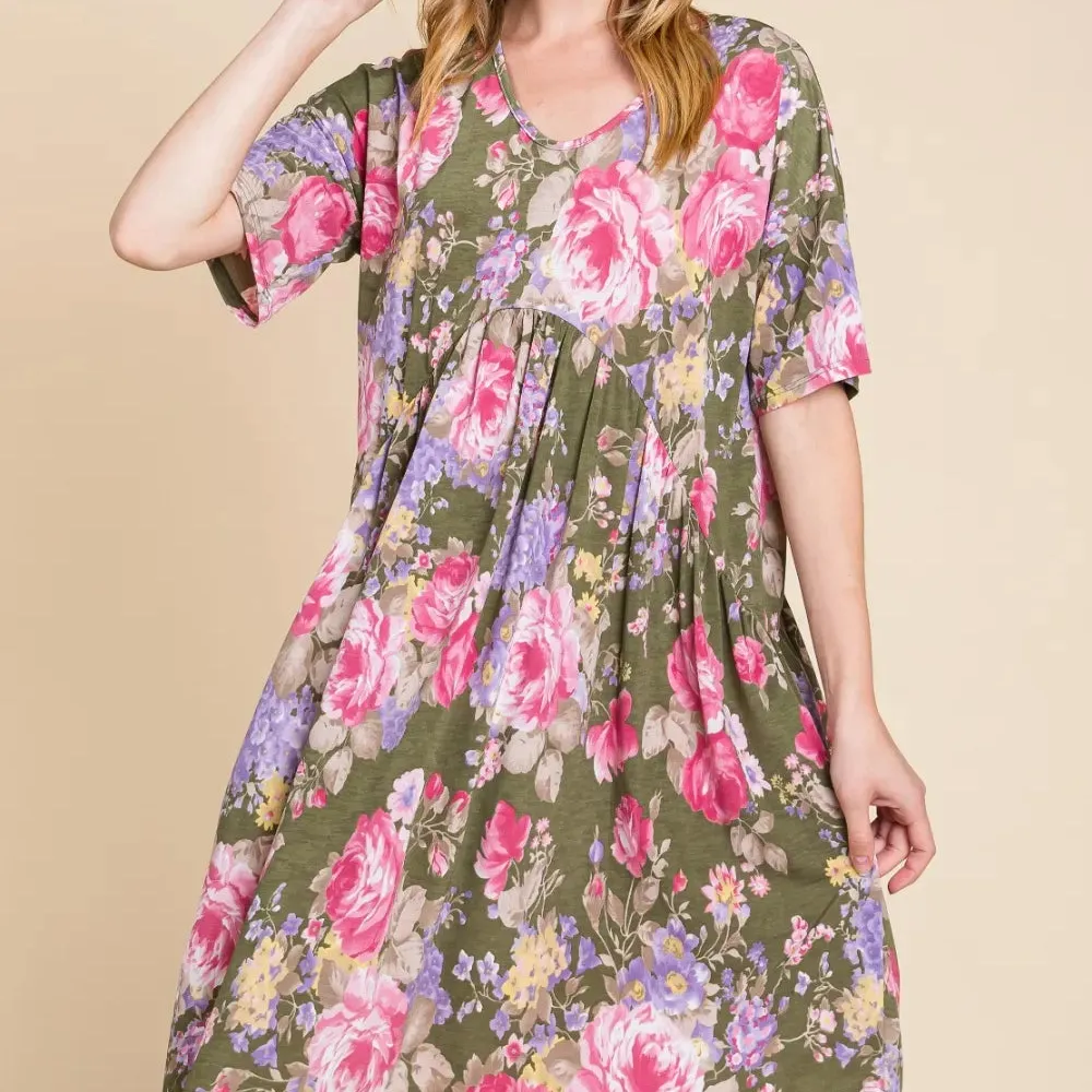 Flower Print V-Neck Ruched Dress